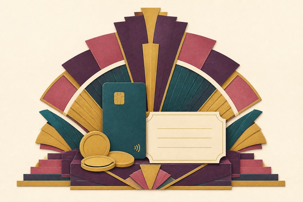 Cut-paper illustration of a wallet card, voucher slip and gold coins
